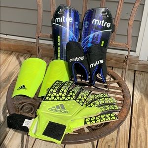 Adidas goalie gloves, skin guards, Mitre soccer